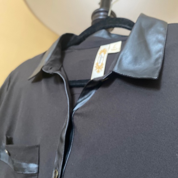 Adiva Vegan Leather Sheer Button Down Blouse - Picture 3 of 3